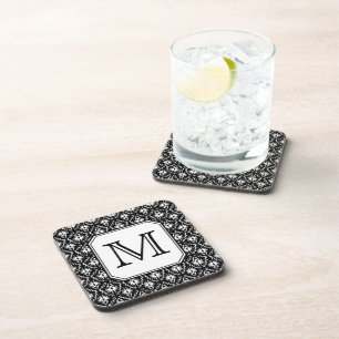 Aangepast monogram. Zwart-wit Damaspatroon. Drankjes Onderzetter