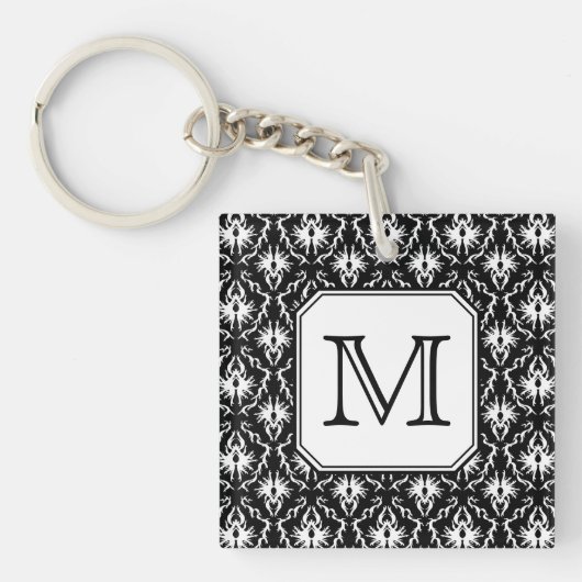 Aangepast monogram. Zwart-wit Damaspatroon. Sleutelhanger (voorkant)