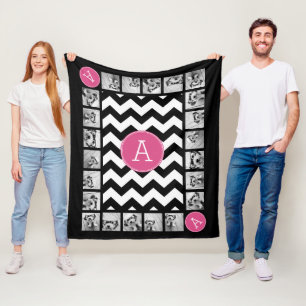 Aangepast monogram zwart-wit en roze Chevrons Fleece Deken