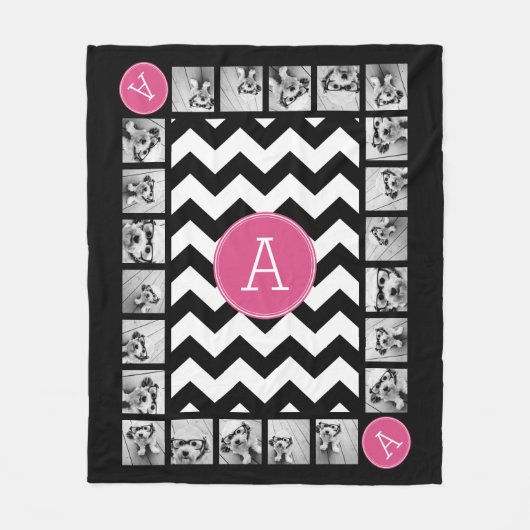 Aangepast monogram zwart-wit en roze Chevrons Fleece Deken (Voorkant)