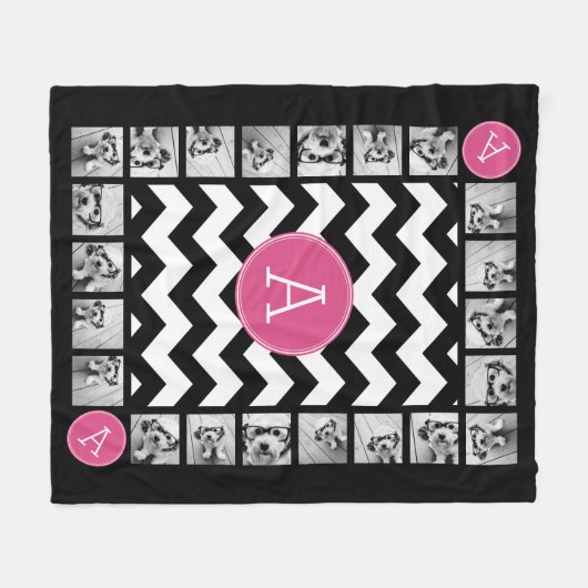 Aangepast monogram zwart-wit en roze Chevrons Fleece Deken (Voorkant (Horizontaal))