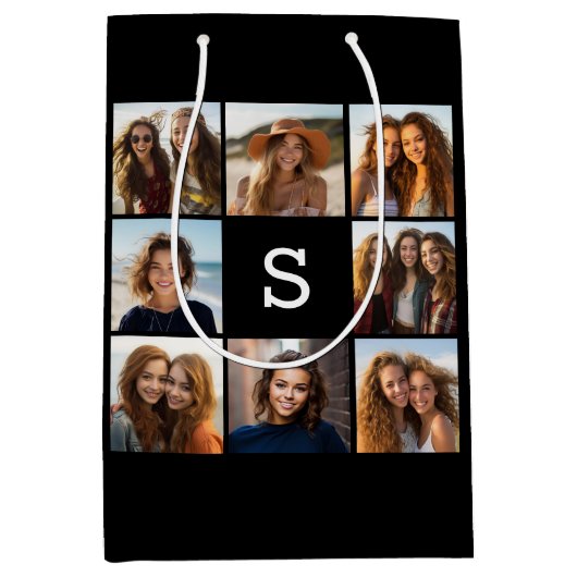 Aangepast monogram zwart-wit fotocollage medium cadeauzakje (Voorkant)
