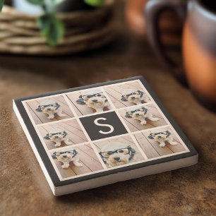 Aangepast monogram zwart-wit fotocollage stenen onderzetter