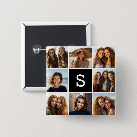Aangepast monogram zwart-wit fotocollage vierkante button 5,1 cm (Voorkant /achterkant)