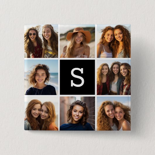 Aangepast monogram zwart-wit fotocollage vierkante button 5,1 cm (Voorkant)