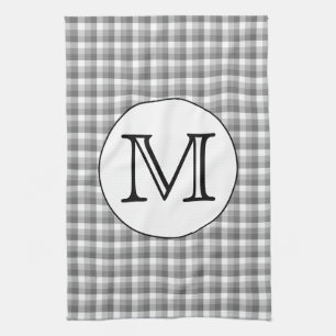 Aangepast monogram. Zwart-wit met grijze cheque. Theedoek