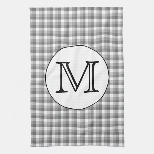 Aangepast monogram. Zwart-wit met grijze cheque. Theedoek (Verticaal)