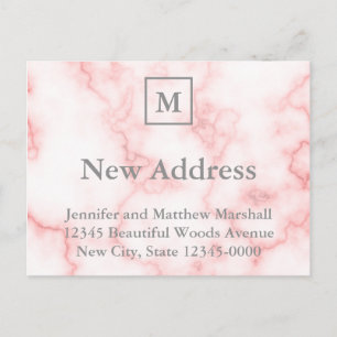 Aangepast Monogramma Faux Roze Marble Nieuw Adres Briefkaart