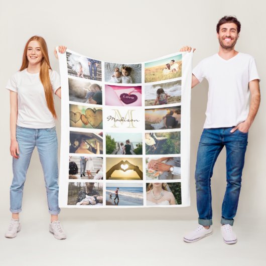 Aangepast monogramma fotocollage fleece deken (In situ)