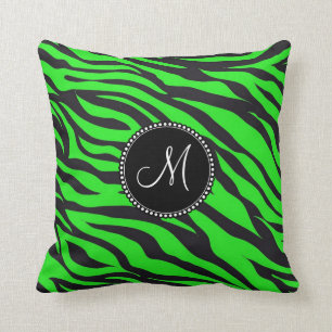 Aangepast monogramma Initiaal Neon Green Black Zeb Kussen