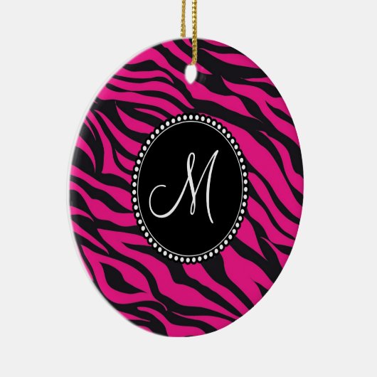 Aangepast monogrammatisch Initiaal Hot Pink Black  Keramisch Ornament (Rechts)