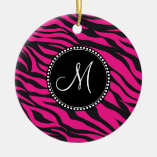Aangepast monogrammatisch Initiaal Hot Pink Black  Keramisch Ornament