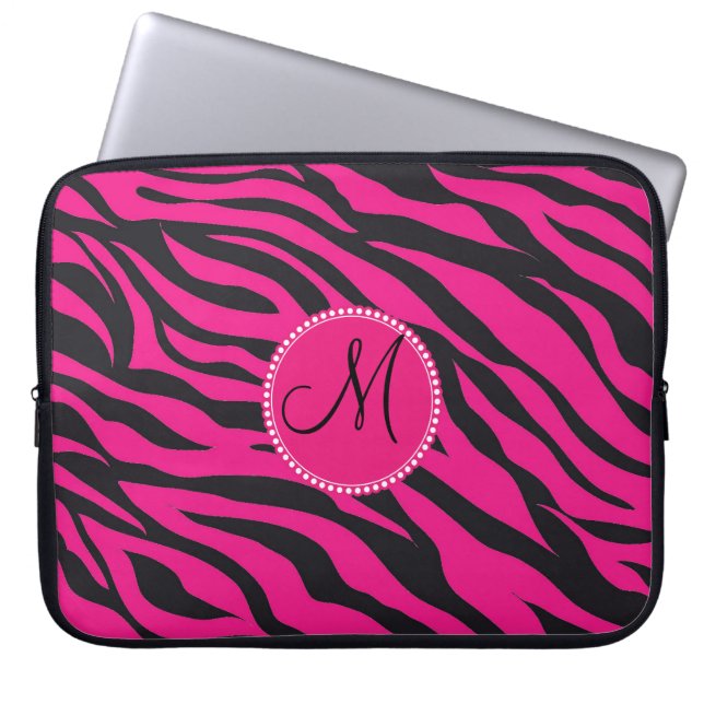 Aangepast monogrammatisch Initiaal Hot Pink Black  Laptop Sleeve (Voorkant)
