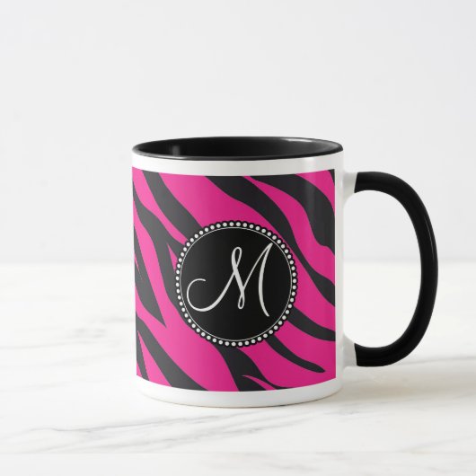 Aangepast monogrammatisch Initiaal Hot Pink Black  Mok (Rechts)