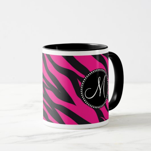Aangepast monogrammatisch Initiaal Hot Pink Black  Mok (Voorkant rechts)