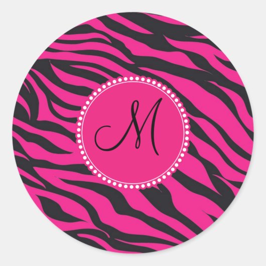 Aangepast monogrammatisch Initiaal Hot Pink Black  Ronde Sticker (Voorkant)