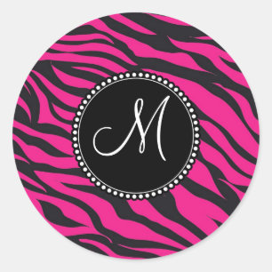 Aangepast monogrammatisch Initiaal Hot Pink Black  Ronde Sticker