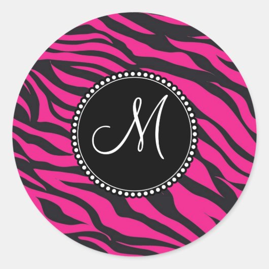 Aangepast monogrammatisch Initiaal Hot Pink Black Ronde Sticker (Voorkant)
