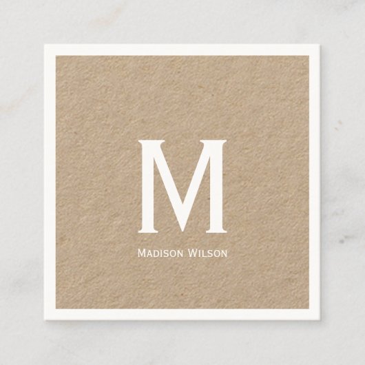 Aangepast monogrammed Rustic Kraft Vierkante Visitekaartje (Voorkant)