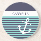 Aangepast Nautisch Aqua Turquoise Blue Stripe Patt Zandsteen Onderzetter (Voorkant)
