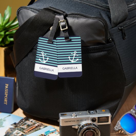Aangepast nautisch aqua turquoise gestreept patroo bagagelabel (Voorkant /achterkant)