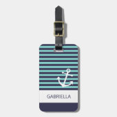 Aangepast nautisch aqua turquoise gestreept patroo bagagelabel (Voorkant verticaal)