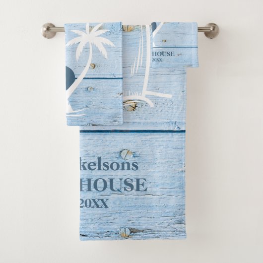 Aangepast nautisch blauw hout strandhuis bad handdoek (Insitu)