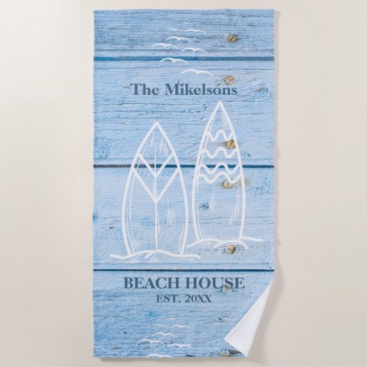 Aangepast nautisch blauw hout strandhuis strandlaken (Voorkant)