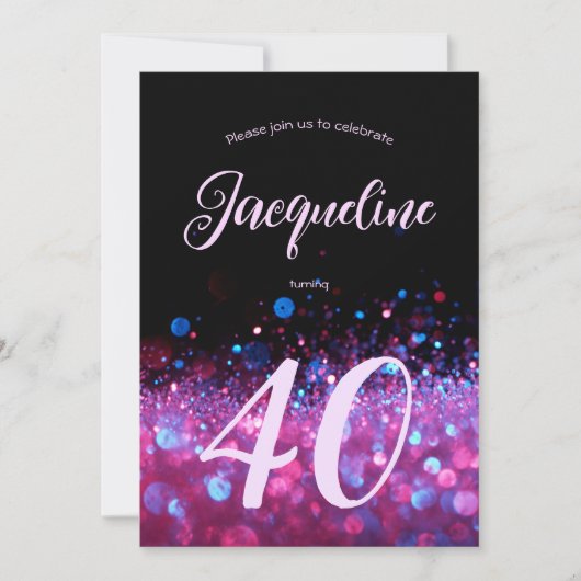 Aangepast Neon Glow Pink Glitter Script 40e verjaa Kaart (Voorkant)