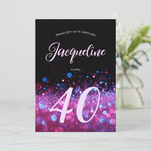 Aangepast Neon Glow Pink Glitter Script 40e verjaa Kaart (Staand voorkant)