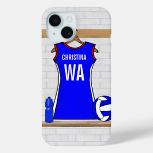 Aangepast netball Uniform Blue met rood en wit iPhone 15 Case