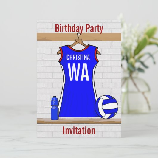 Aangepast netball Uniform Blue met rood en wit Kaart (Staand voorkant)