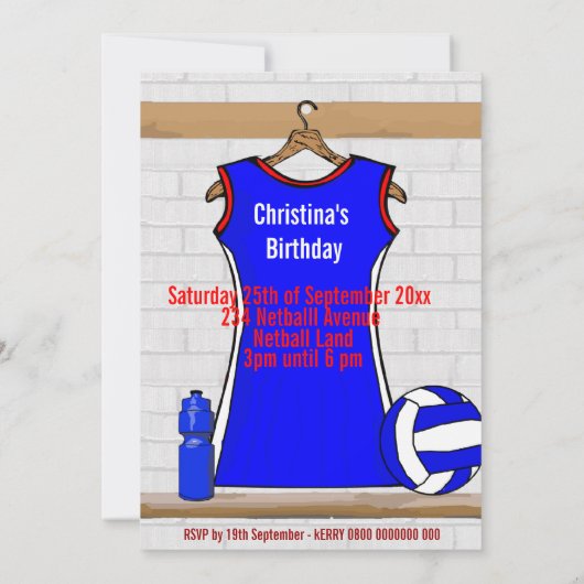 Aangepast netball Uniform Blue met rood en wit Kaart (Achterkant)