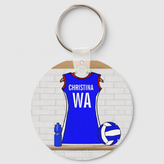 Aangepast netball Uniform Blue met rood en wit Sleutelhanger (Voorkant)