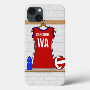 Aangepast netball Uniform Red met blauw en wit iPhone 13 Hoesje