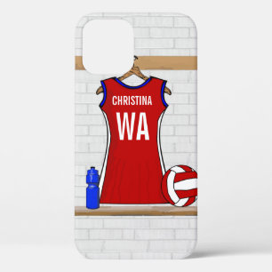 Aangepast netball Uniform Red met blauw en wit iPhone 12 Hoesje