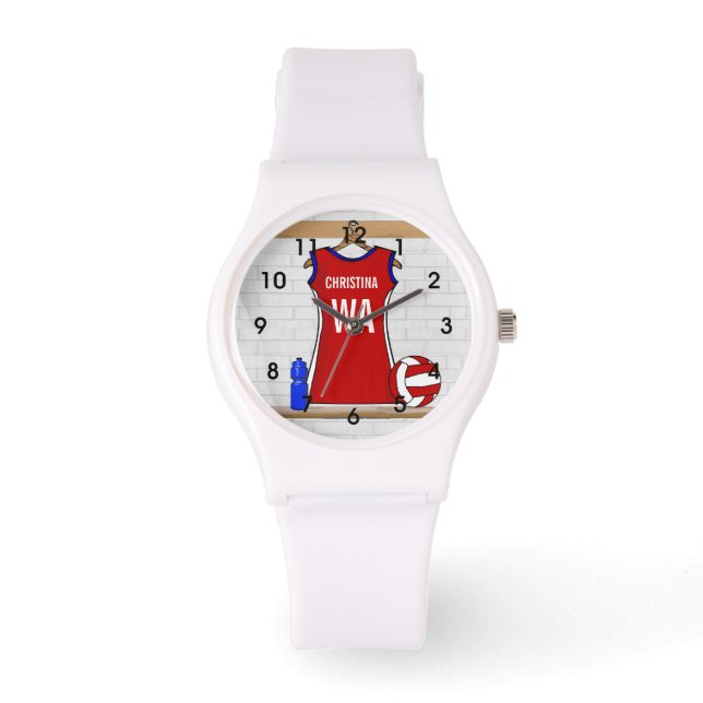 Aangepast netball Uniform Red met blauw en wit Horloge (Voorkant)