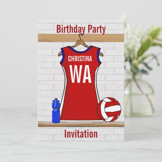 Aangepast netball Uniform Red met blauw en wit Kaart (Staand voorkant)