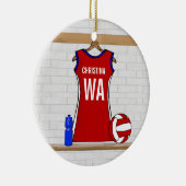 Aangepast netball Uniform Red met blauw en wit Keramisch Ornament (Rechts)