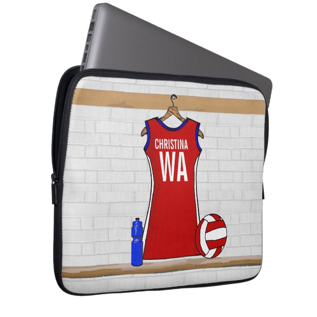 Aangepast netball Uniform Red met blauw en wit Laptop Sleeve (Voorkant Rechts)