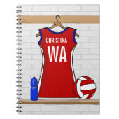Aangepast netball Uniform Red met blauw en wit Notitieboek (Voorkant)