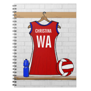 Aangepast netball Uniform Red met blauw en wit Notitieboek