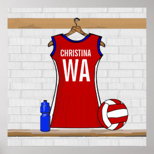 Aangepast netball Uniform Red met blauw en wit Poster