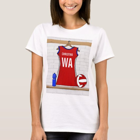 Aangepast netball Uniform Red met blauw en wit T-shirt (Voorkant)