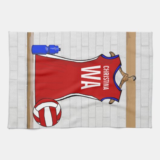 Aangepast netball Uniform Red met blauw en wit Theedoek (Horizontaal)