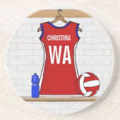 Aangepast netball Uniform Red met blauw en wit Zandsteen Onderzetter (Voorkant)