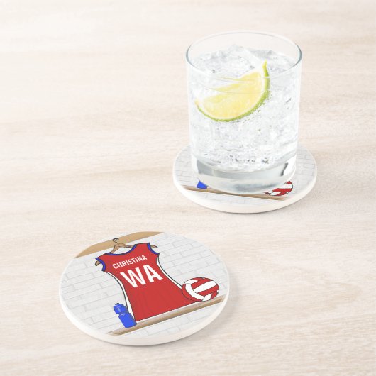 Aangepast netball Uniform Red met blauw en wit Zandsteen Onderzetter (Zijkant)