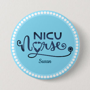 Aangepast Nicu Nurse Blue en White Ronde Button 7,6 Cm