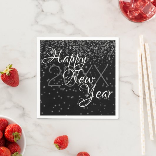 Aangepast nieuwjaar Silver Glow-Confetti op zwart Servet (Insitu)