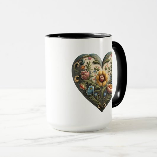 Aangepast Noors Rosemaling Folk Art Heart M Mok (Voorkant rechts)